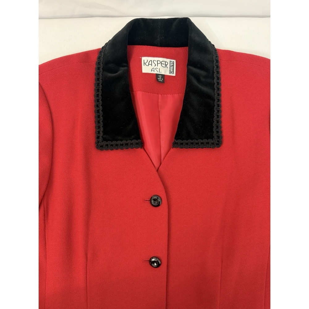 VTG Kasper Red Long Coat Dress Velvet Collar Lined Button Down Womens‎ Size 12 - Picture 5 of 12